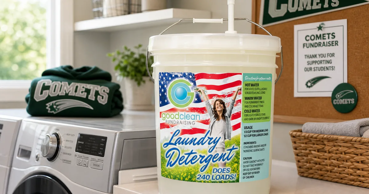 Plain Good Clean Fundraising five-gallon detergent bucket with a pump beside a washing machine in a home laundry room