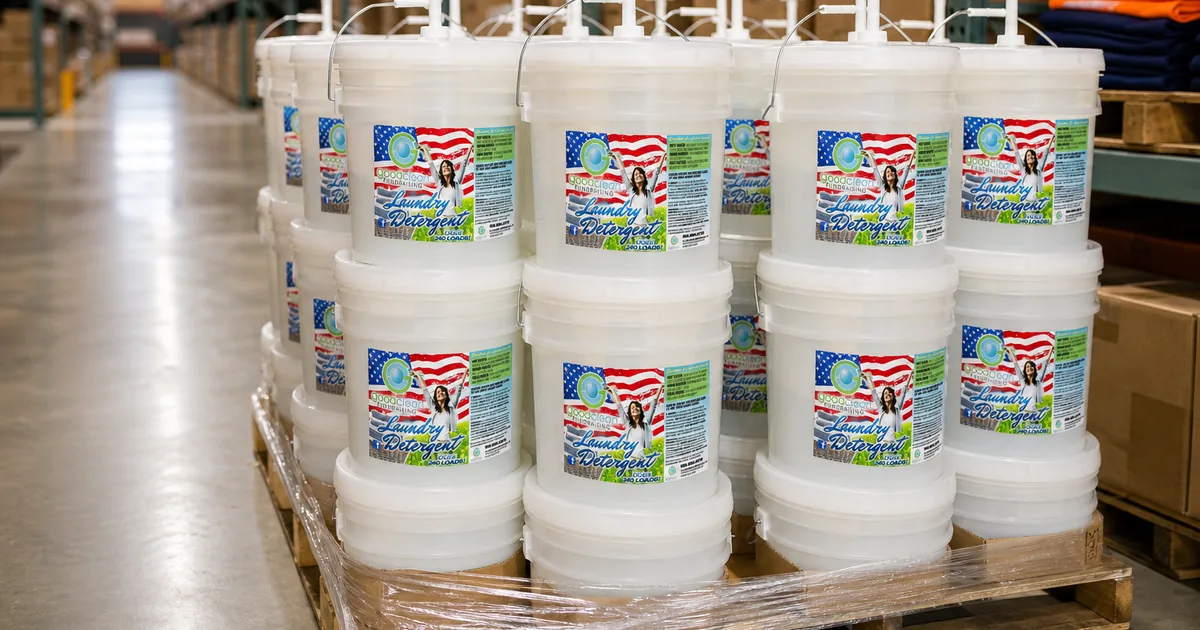 Pallet of unlabeled Good Clean Fundraising five-gallon detergent bucket stacked in a clean warehouse