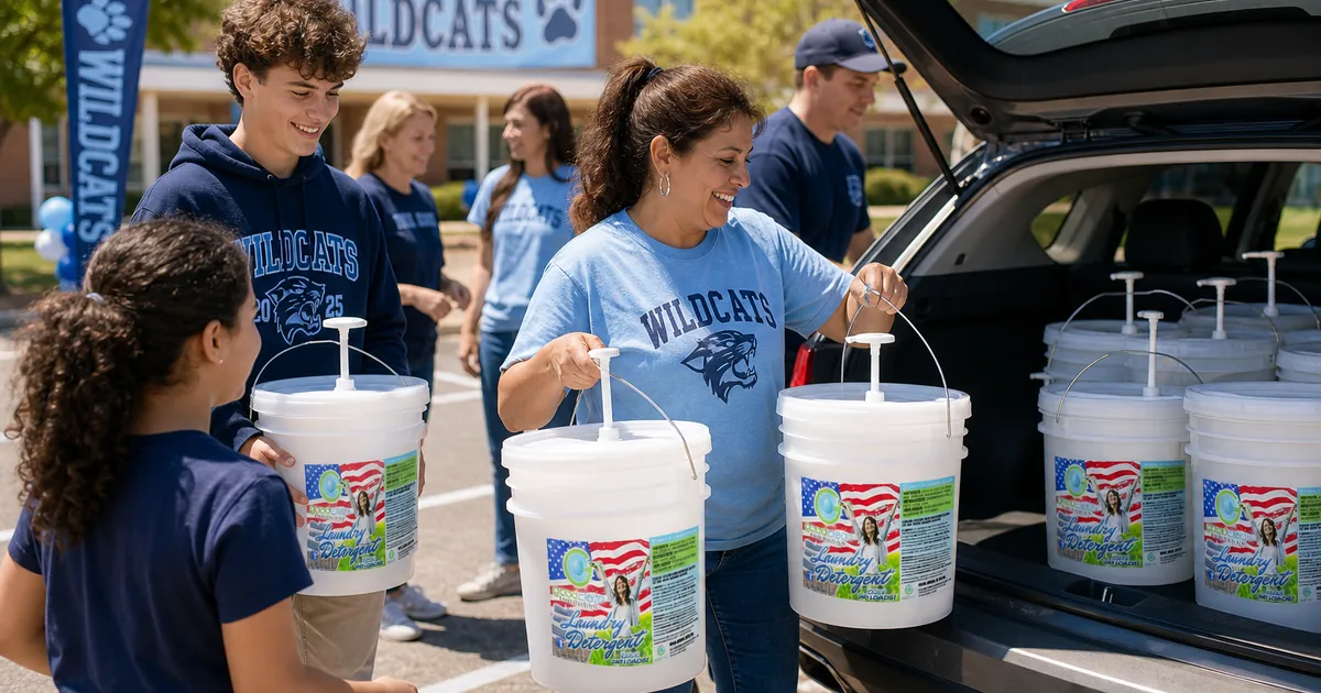 Students and parents loading Good Clean Fundraising detergent buckets into a car at a fundraiser pickup