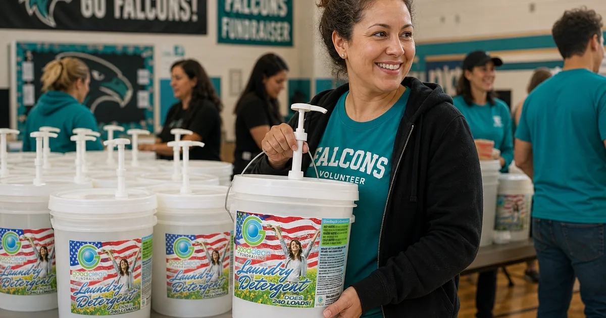 Volunteer holding a Good Clean Fundraising five-gallon detergent bucket at a school fundraiser pickup table