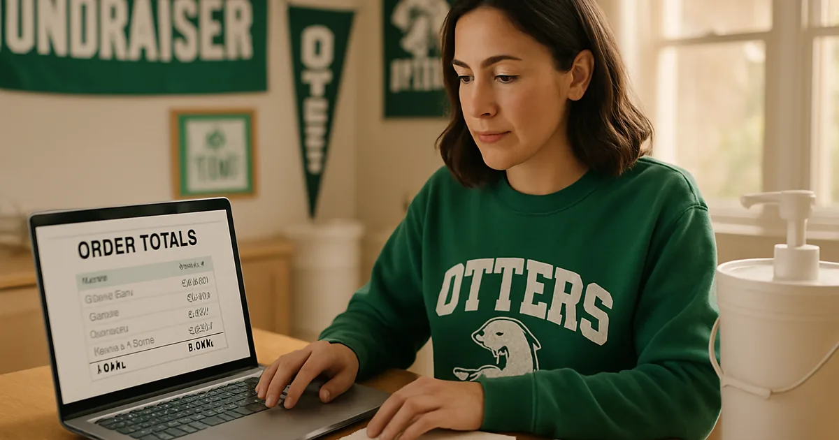 Fundraiser coordinator reviewing order totals on a laptop at a kitchen table