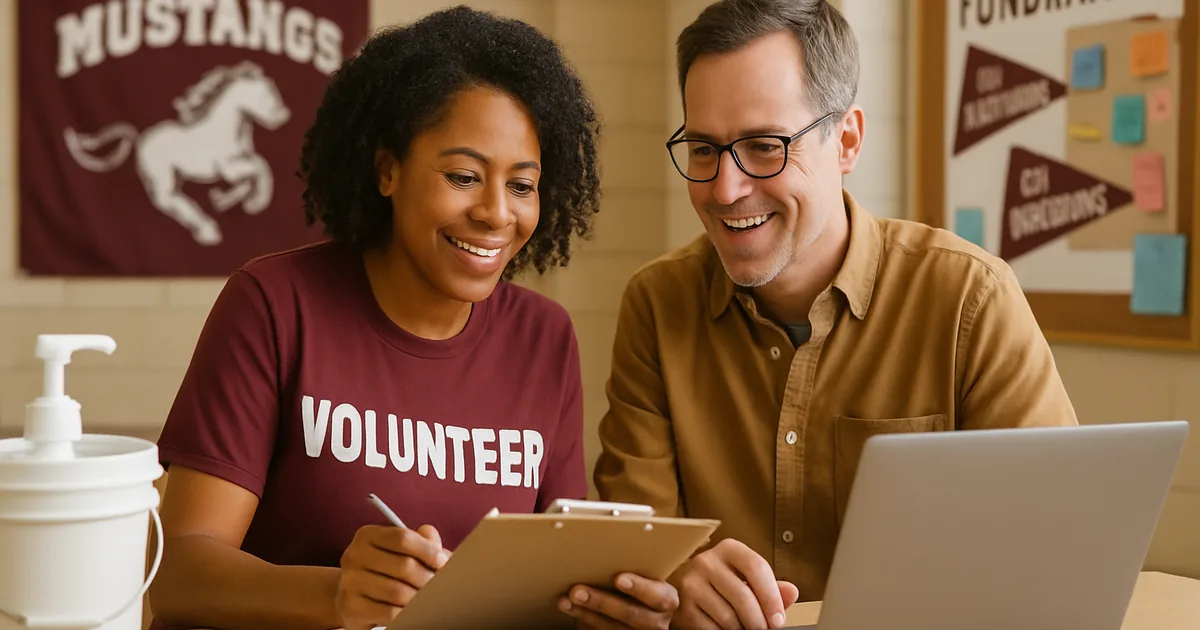 Parent volunteers comparing fundraiser results over a clipboard and laptop