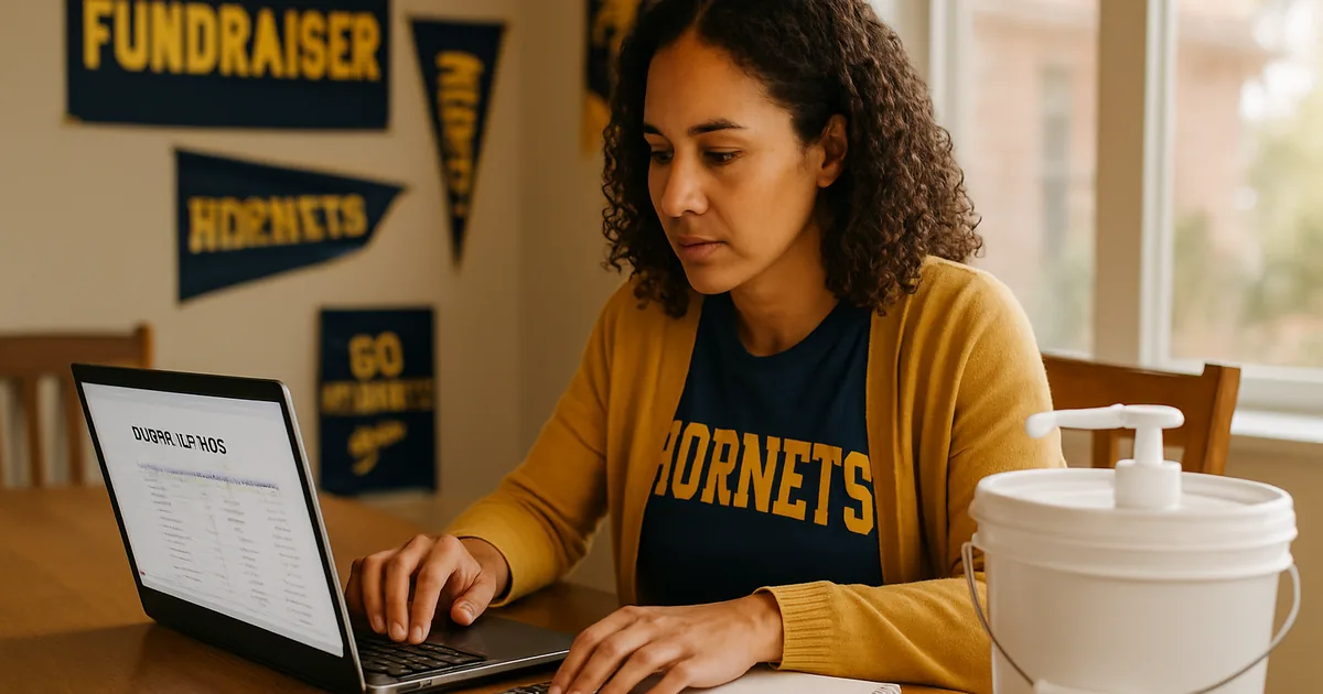 Fundraiser coordinator reviewing order totals on a laptop at a kitchen table