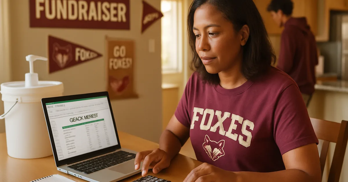 Fundraiser coordinator reviewing order totals on a laptop at a kitchen table
