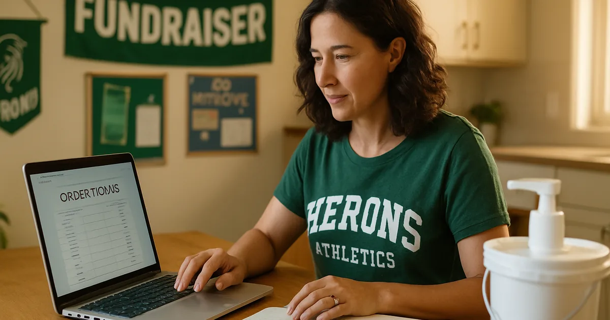 Fundraiser coordinator reviewing order totals on a laptop at a kitchen table