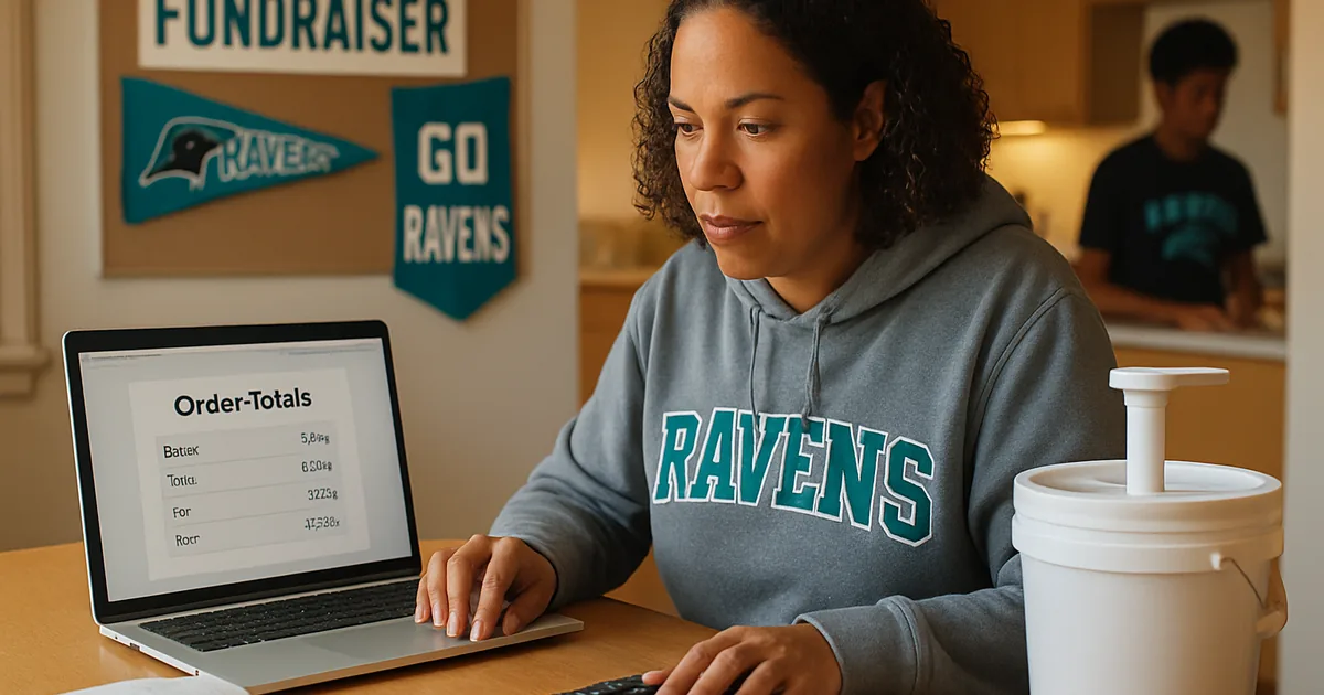 Fundraiser coordinator reviewing order totals on a laptop at a kitchen table