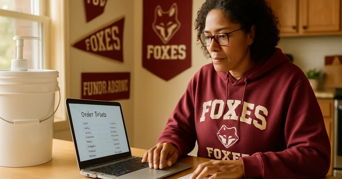 Fundraiser coordinator reviewing order totals on a laptop at a kitchen table