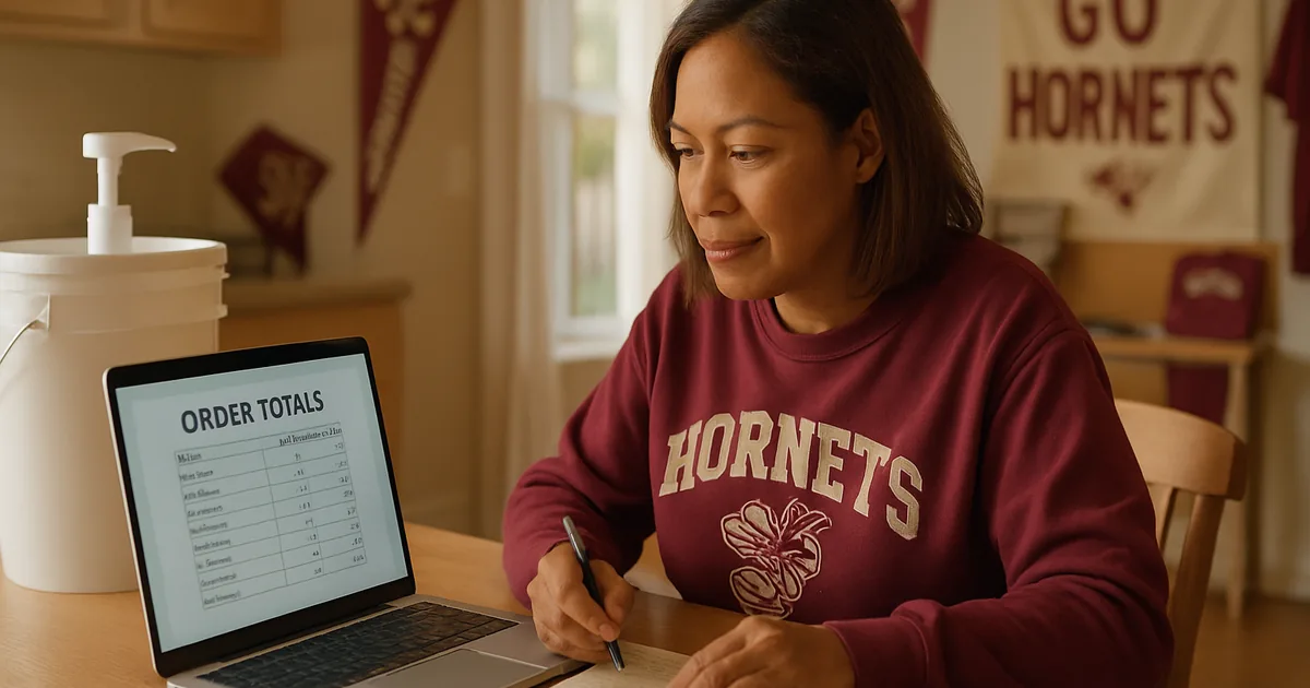 Fundraiser coordinator reviewing order totals on a laptop at a kitchen table