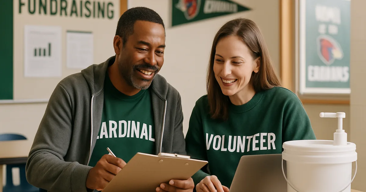 Parent volunteers comparing fundraiser results over a clipboard and laptop