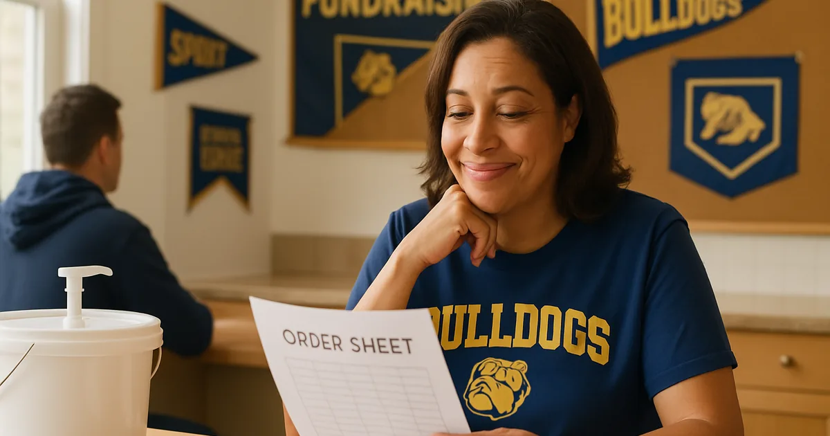 Parent volunteer reviewing a fundraiser order sheet at a kitchen table