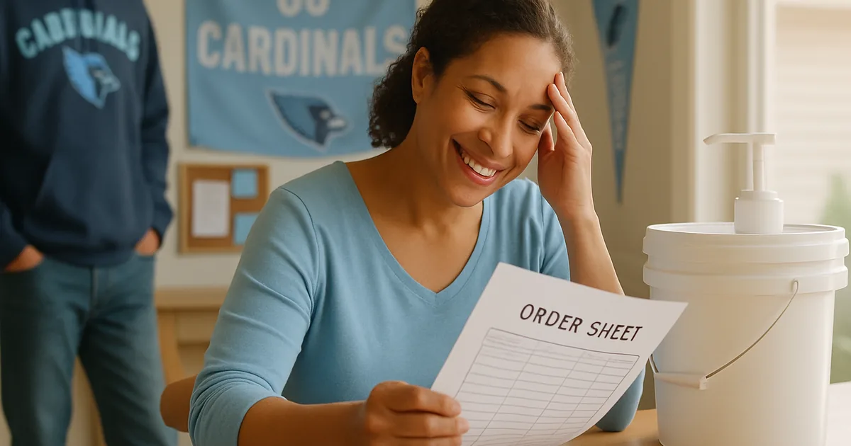 Parent volunteer reviewing a fundraiser order sheet at a kitchen table