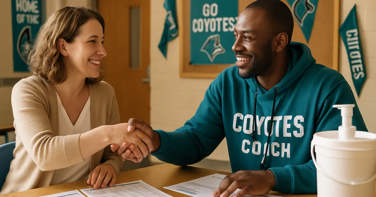 Coordinator and coach shaking hands over fundraiser order forms