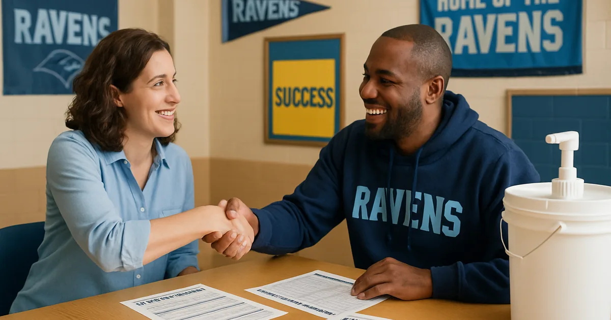 Coordinator and coach shaking hands over fundraiser order forms