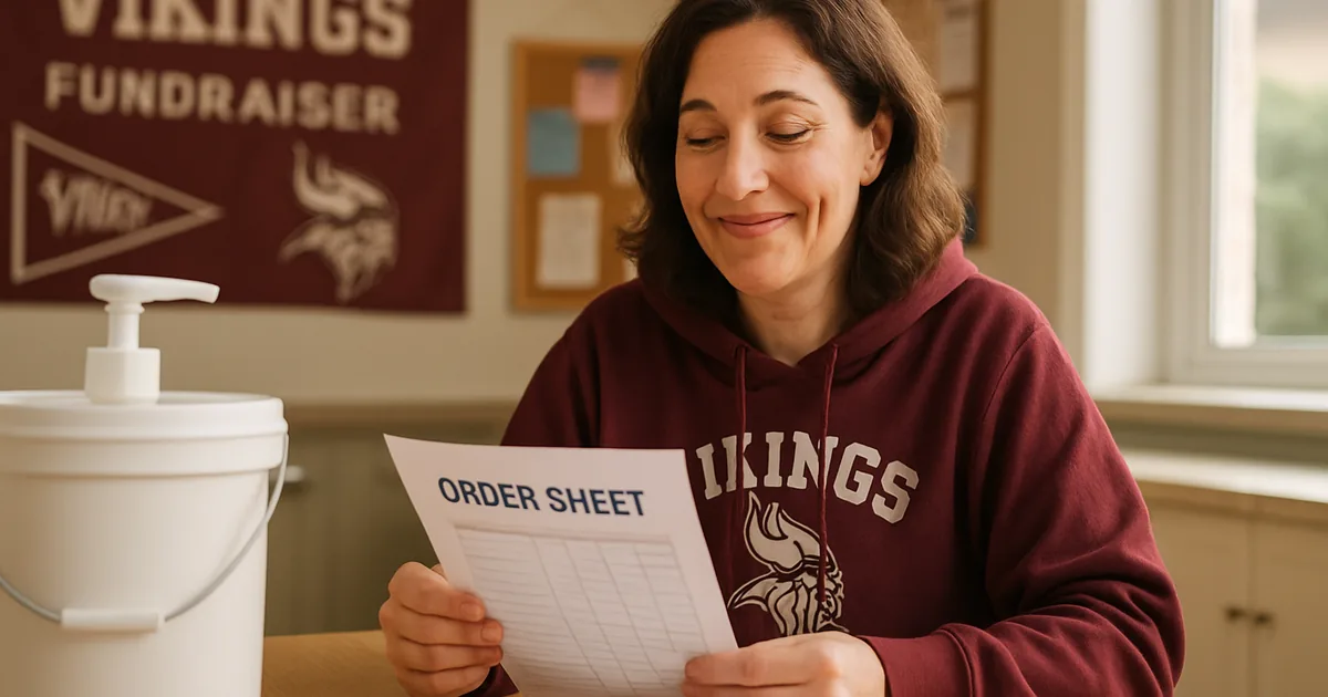 Parent volunteer reviewing a fundraiser order sheet at a kitchen table