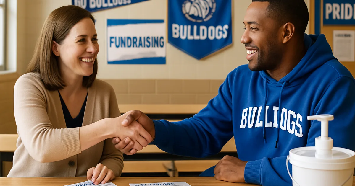 Coordinator and coach shaking hands over fundraiser order forms