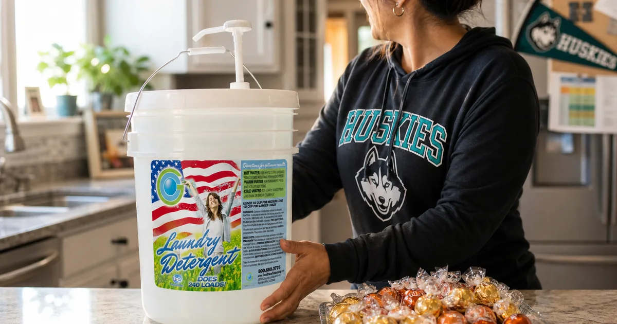Good Clean Fundraising detergent bucket on a kitchen counter beside a tray of wrapped sweets