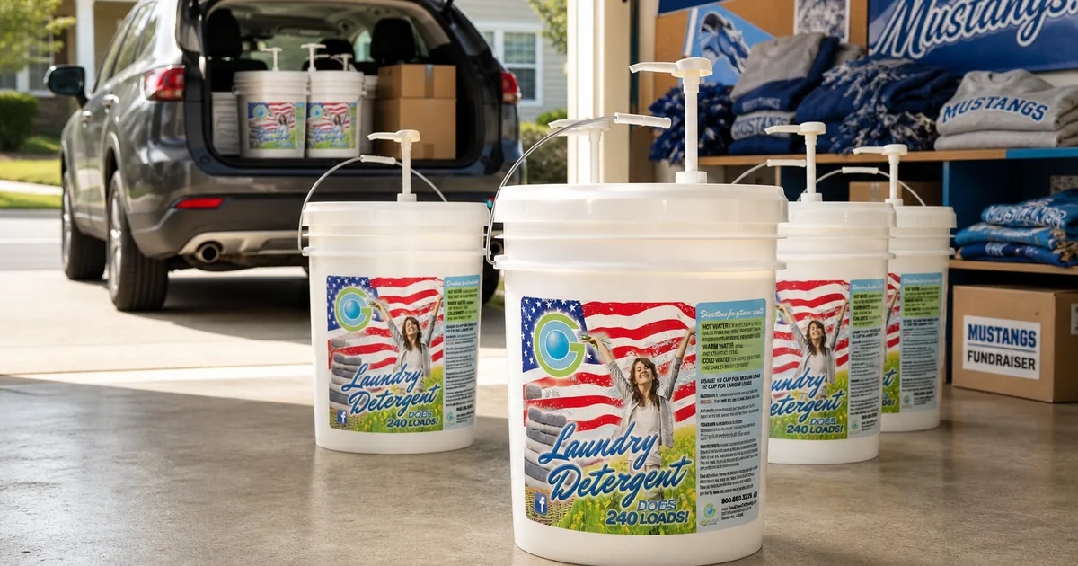 Family unloading household fundraiser supplies from a car