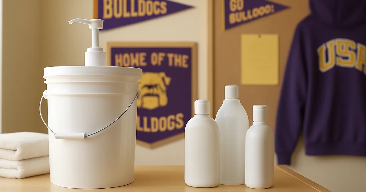 Plain unlabeled household containers on a tidy home utility shelf