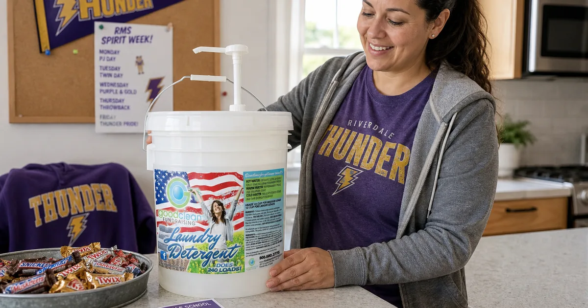Good Clean Fundraising detergent bucket on a kitchen counter beside a tray of wrapped sweets