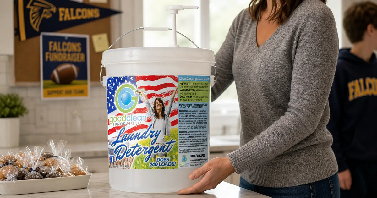 Good Clean Fundraising detergent bucket on a kitchen counter beside a tray of wrapped sweets