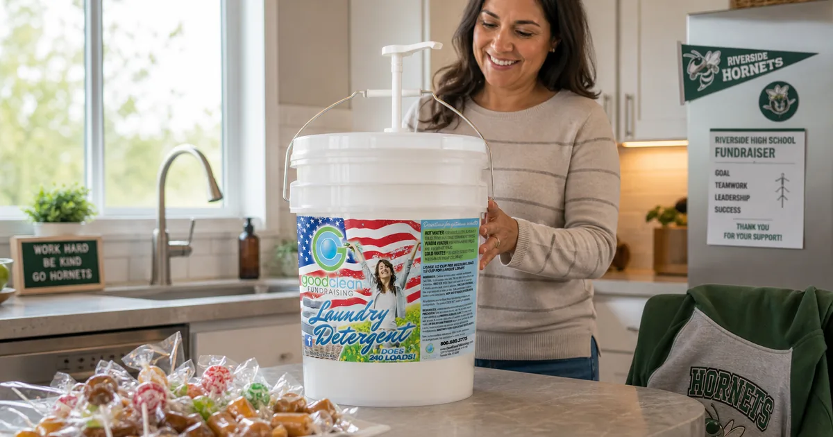 Good Clean Fundraising detergent bucket on a kitchen counter beside a tray of wrapped sweets