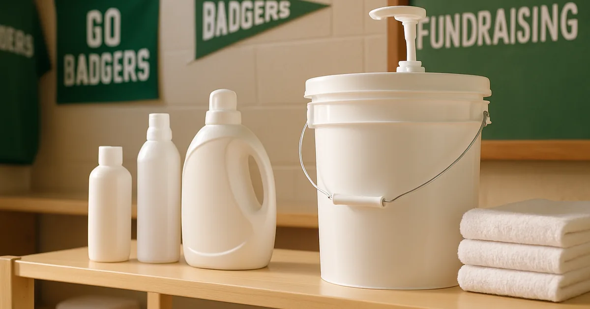 Plain unlabeled household containers on a tidy home utility shelf