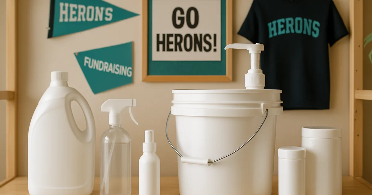 Plain unlabeled household containers on a tidy home utility shelf