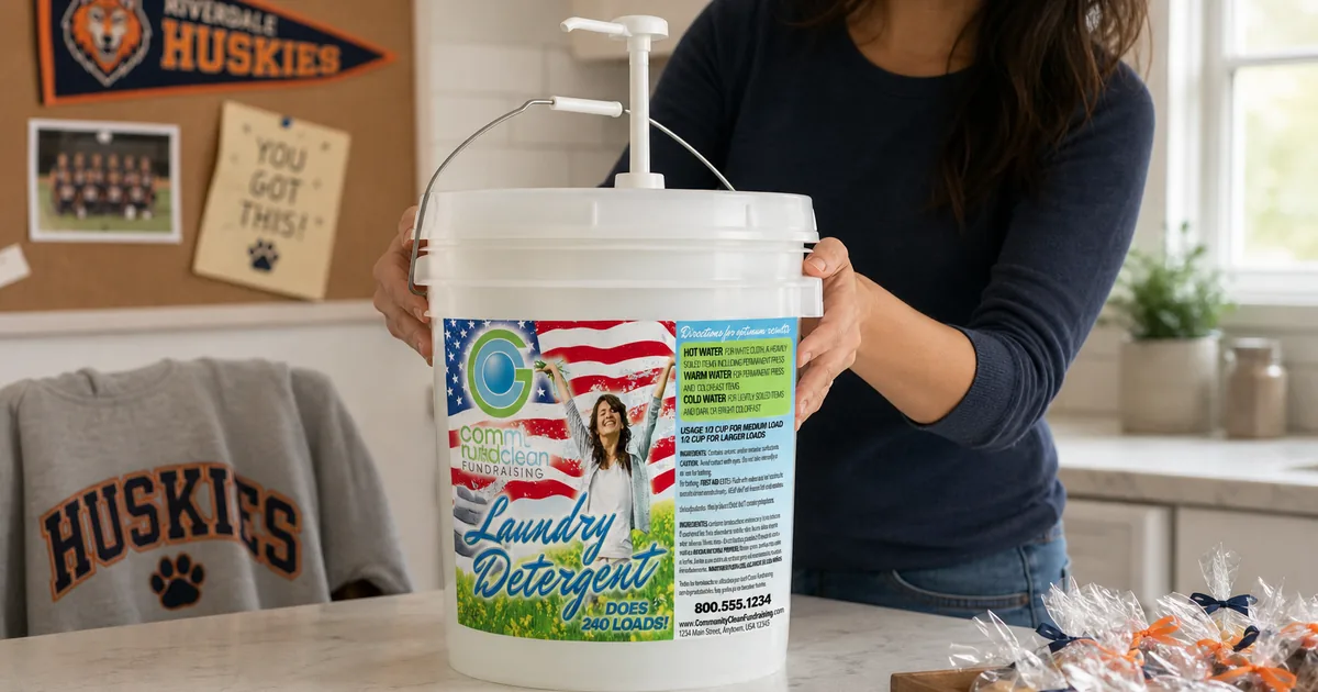 Good Clean Fundraising detergent bucket on a kitchen counter beside a tray of wrapped sweets