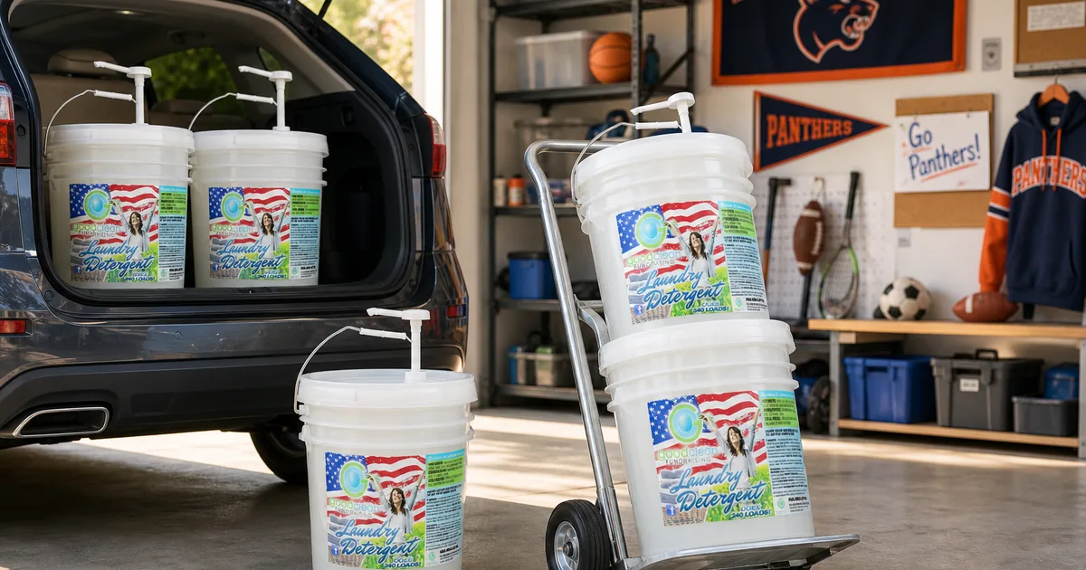 Family unloading household fundraiser supplies from a car
