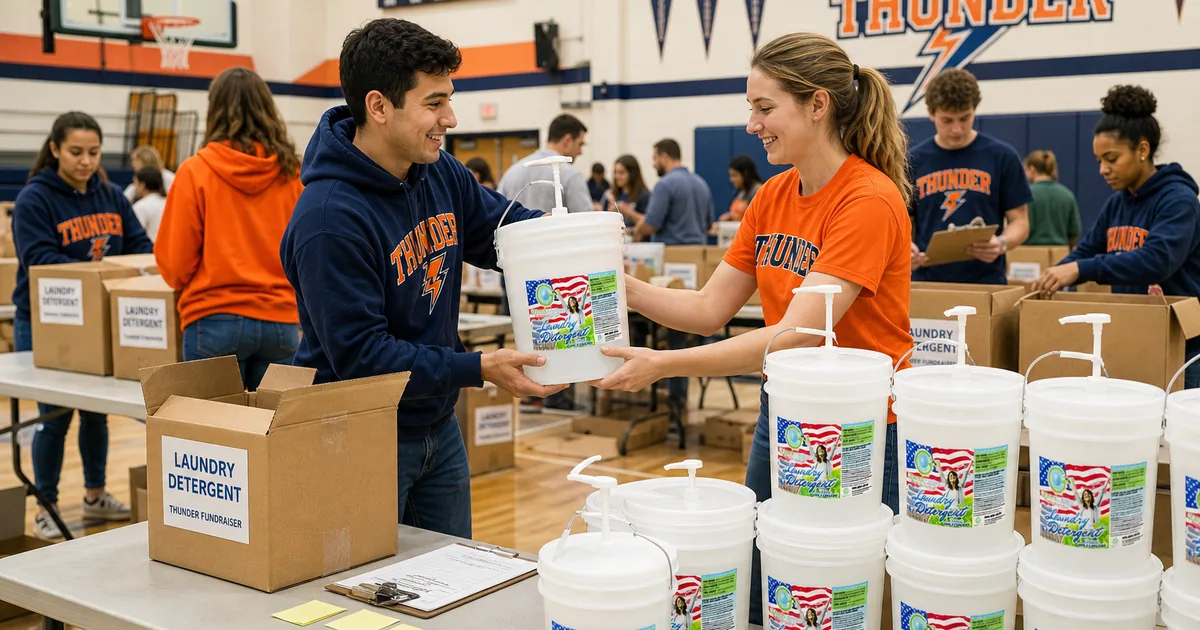 Volunteers sorting fundraiser product orders on folding tables in a school gym