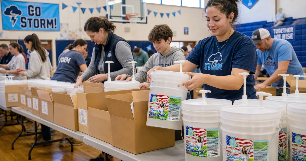 Volunteers sorting fundraiser product orders on folding tables in a school gym