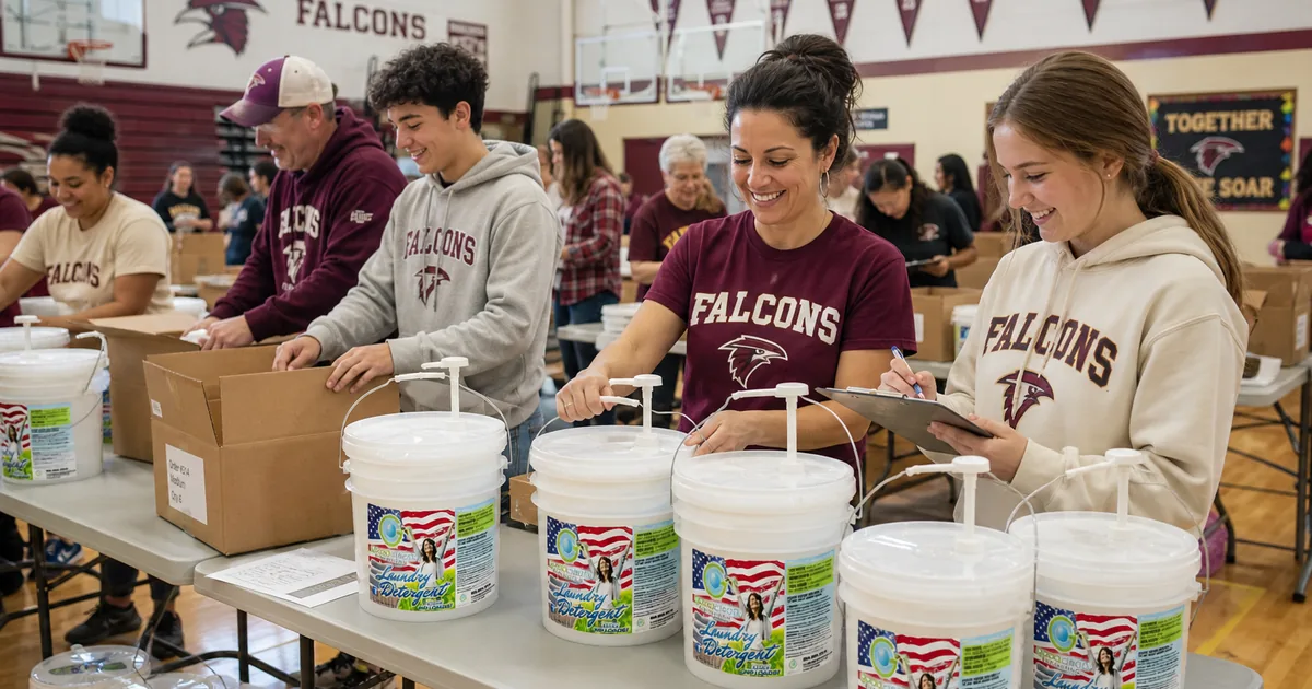 Volunteers sorting fundraiser product orders on folding tables in a school gym