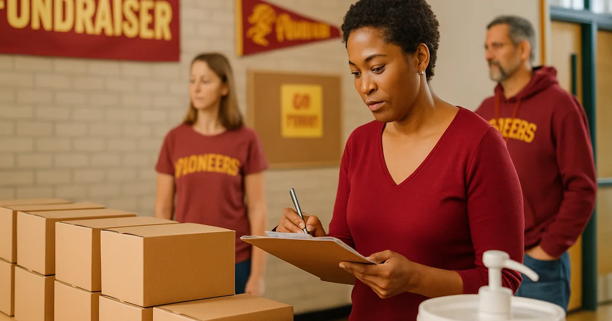 Parent checking a clipboard against rows of fundraiser product cartons