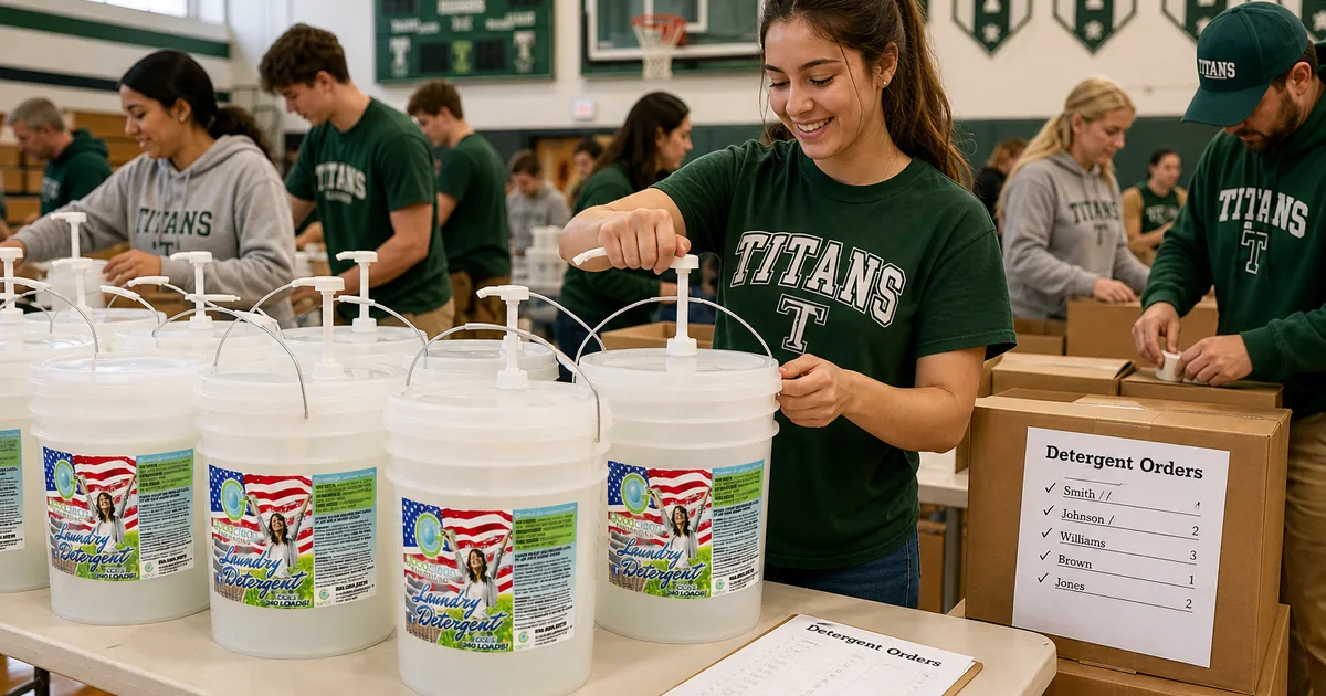 Volunteers sorting fundraiser product orders on folding tables in a school gym