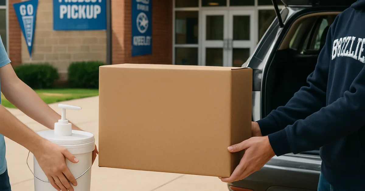 Two students carrying a fundraiser product carton to a waiting car