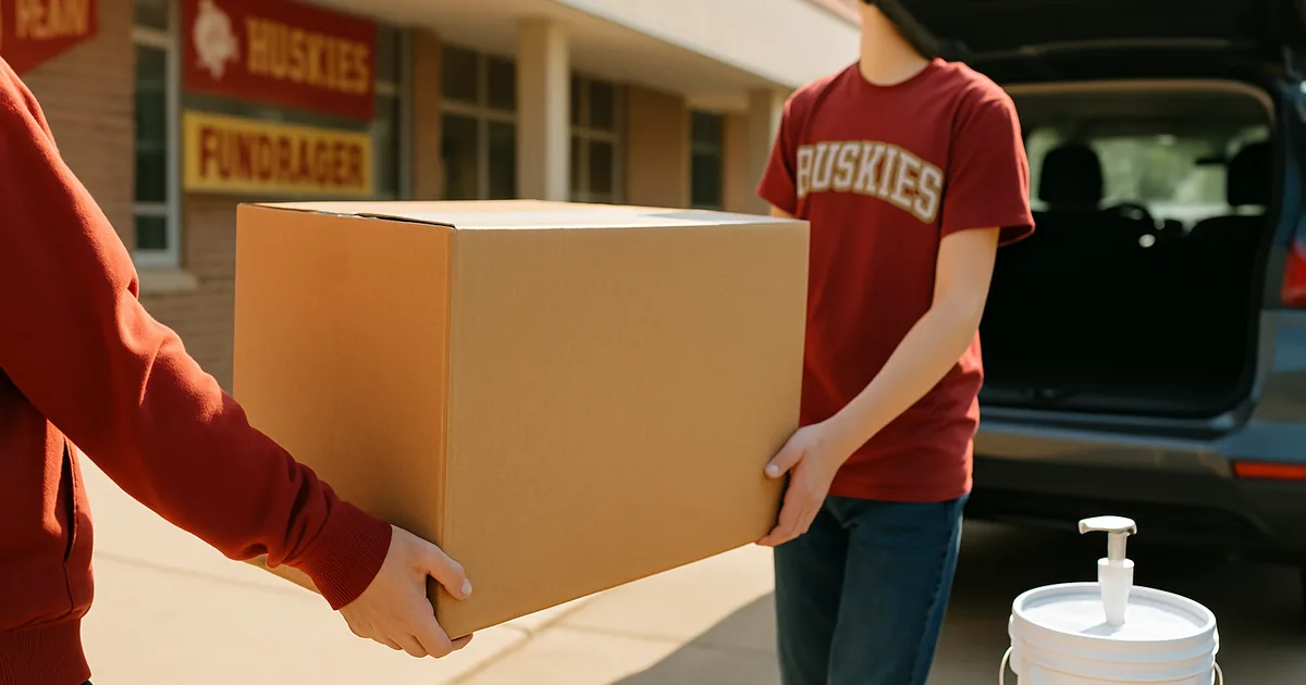 Two students carrying a fundraiser product carton to a waiting car
