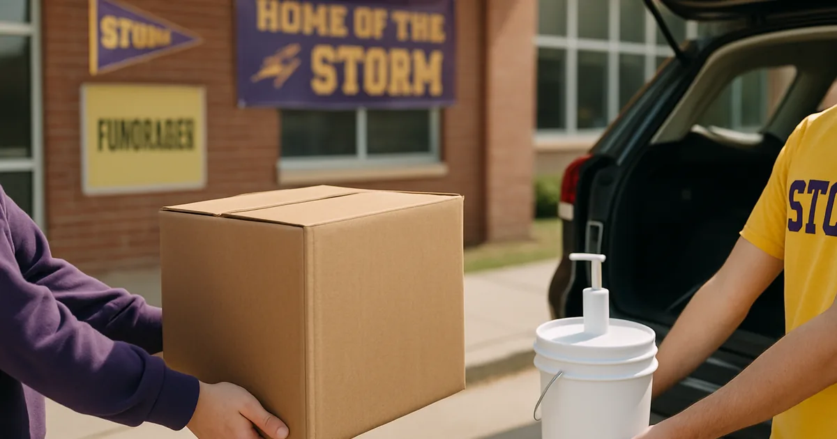Two students carrying a fundraiser product carton to a waiting car