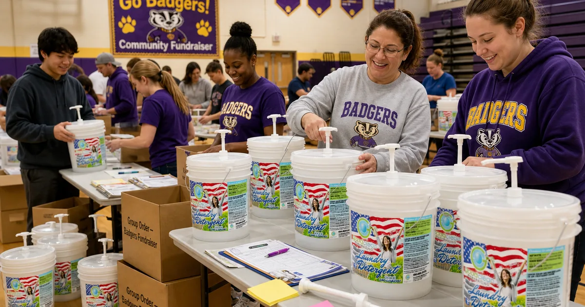 Volunteers sorting fundraiser product orders on folding tables in a school gym