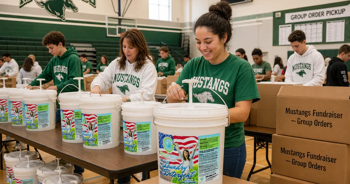 Volunteers sorting fundraiser product orders on folding tables in a school gym