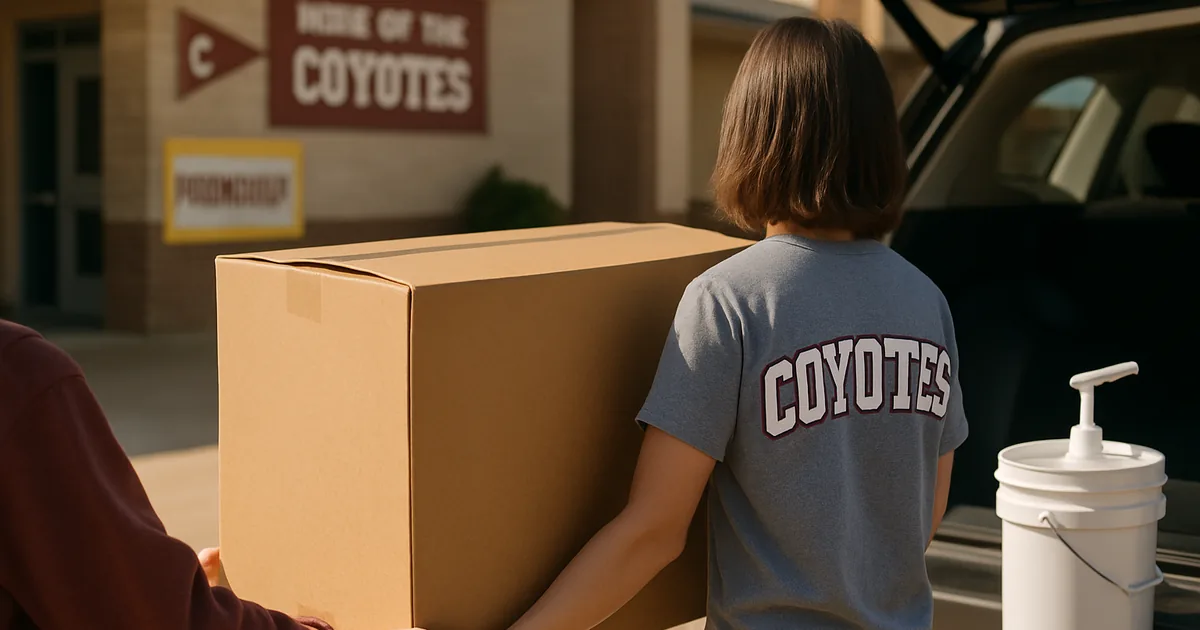 Two students carrying a fundraiser product carton to a waiting car