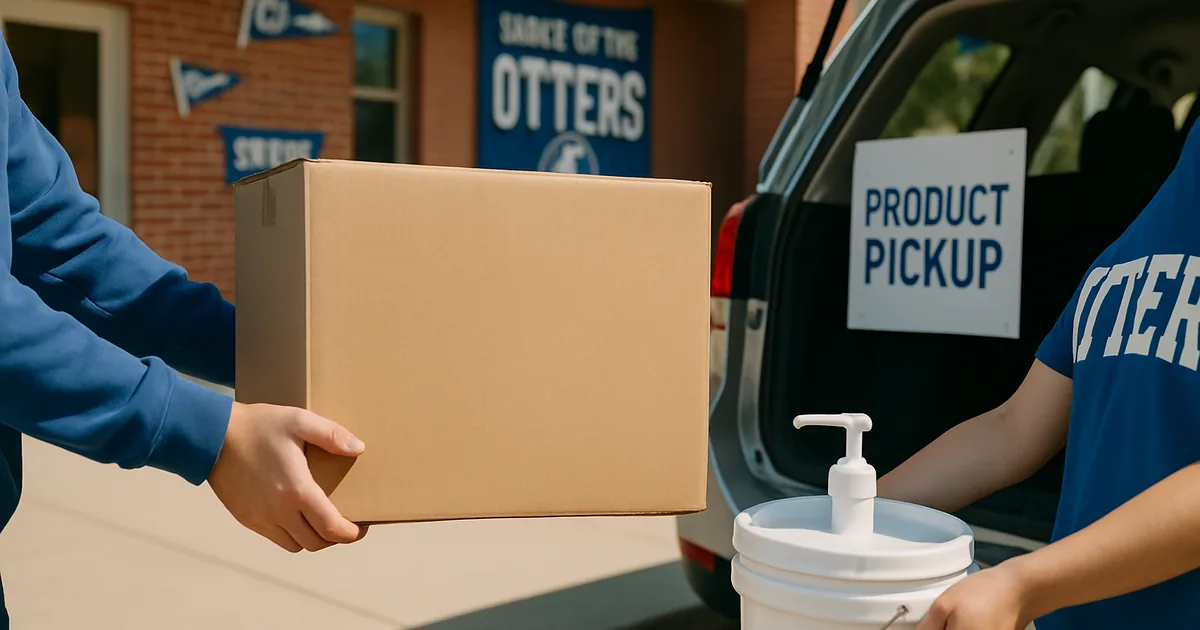 Two students carrying a fundraiser product carton to a waiting car