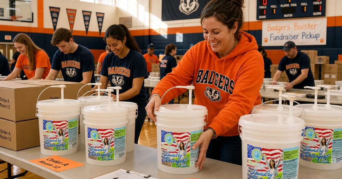 Volunteers sorting fundraiser product orders on folding tables in a school gym