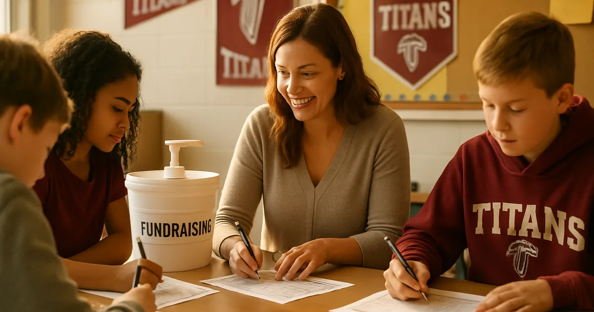 Teacher and students filling out fundraiser order forms at a classroom table