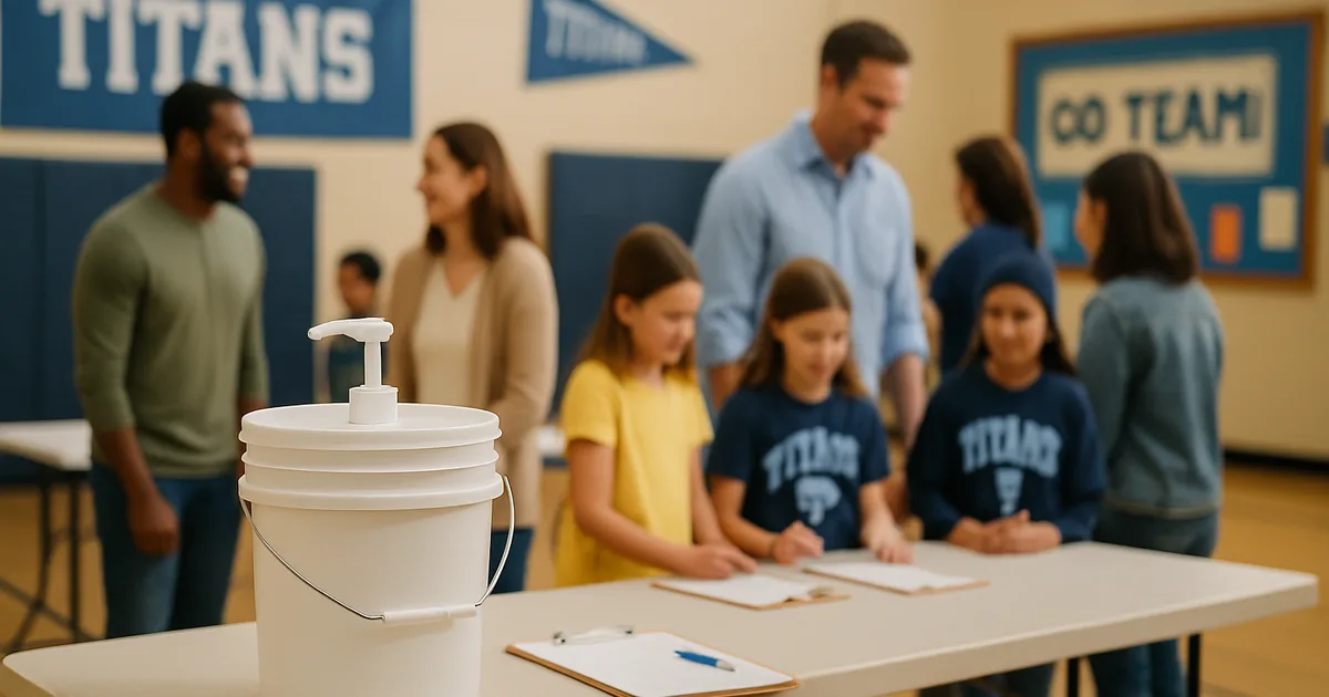 Parents, teachers and students at a school fundraiser kickoff in the gymnasium