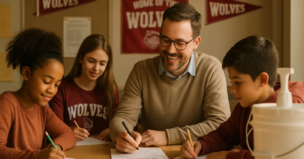 Teacher and students filling out fundraiser order forms at a classroom table