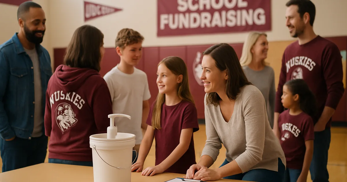 Parents, teachers and students at a school fundraiser kickoff in the gymnasium