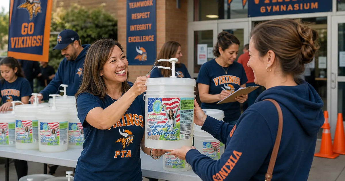PTA volunteer handing a Good Clean Fundraising detergent bucket to a parent at a school pickup table