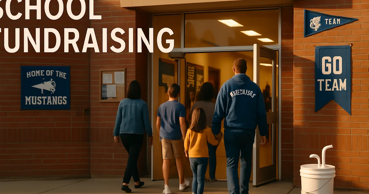 Families arriving at a school building for a fundraiser night