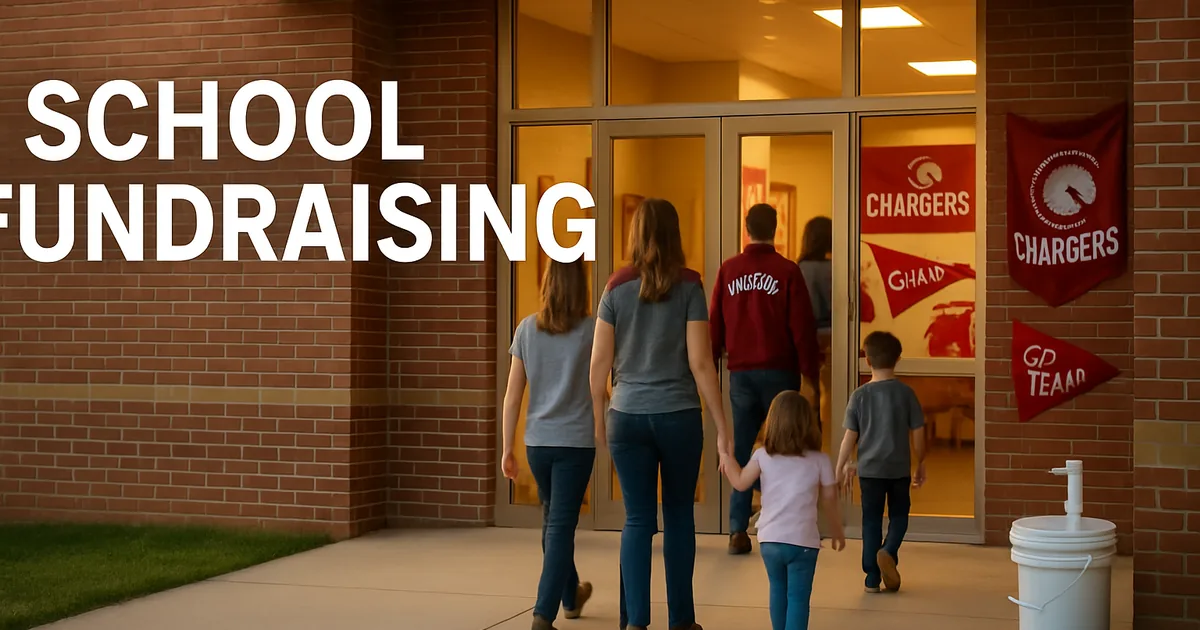 Families arriving at a school building for a fundraiser night