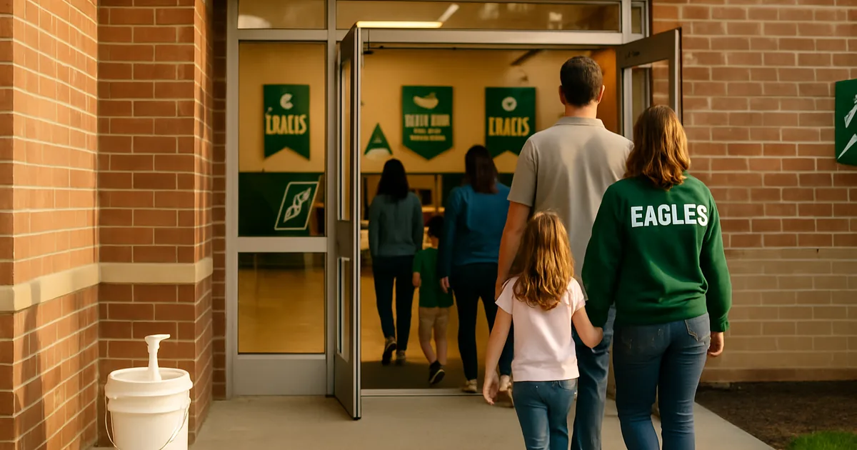 Families arriving at a school building for a fundraiser night